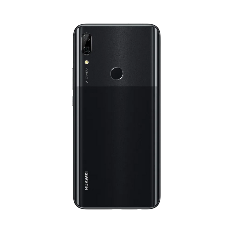 Smartphone Huawei P Smart Z en vue arrière noire, double module photo vertical et lecteur d’empreintes centré. Photo iTelier Lyon pour réparation vitre arrière, batterie et diagnostic gratuit avec garantie.