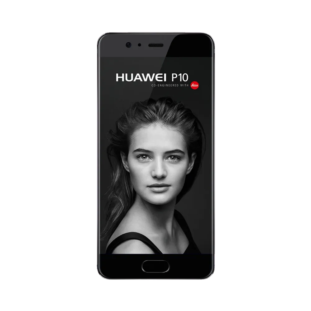Huawei P10 affiché en vue frontale avec écran allumé montrant un portrait noir et blanc. Illustration iTelier Lyon pour réparation écran cassé, vitre tactile, diagnostic offert et service rapide garanti.