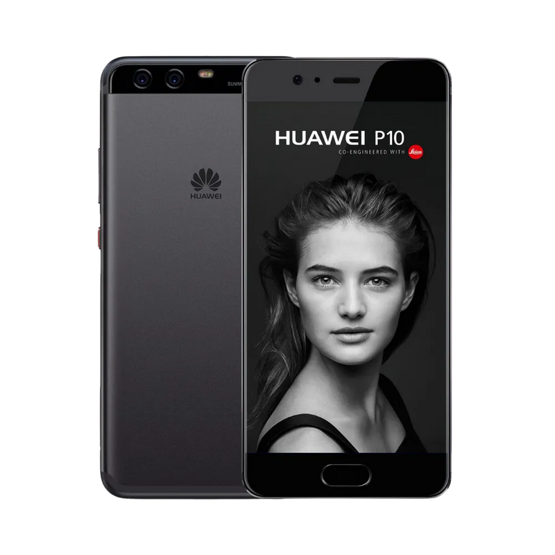 Photo Huawei P10 en vue avant avec écran allumé et arrière gris foncé visible, angle trois quarts. Image optimisée iTelier Lyon pour réparation écran LCD, batterie, diagnostic gratuit et pièces garanties.