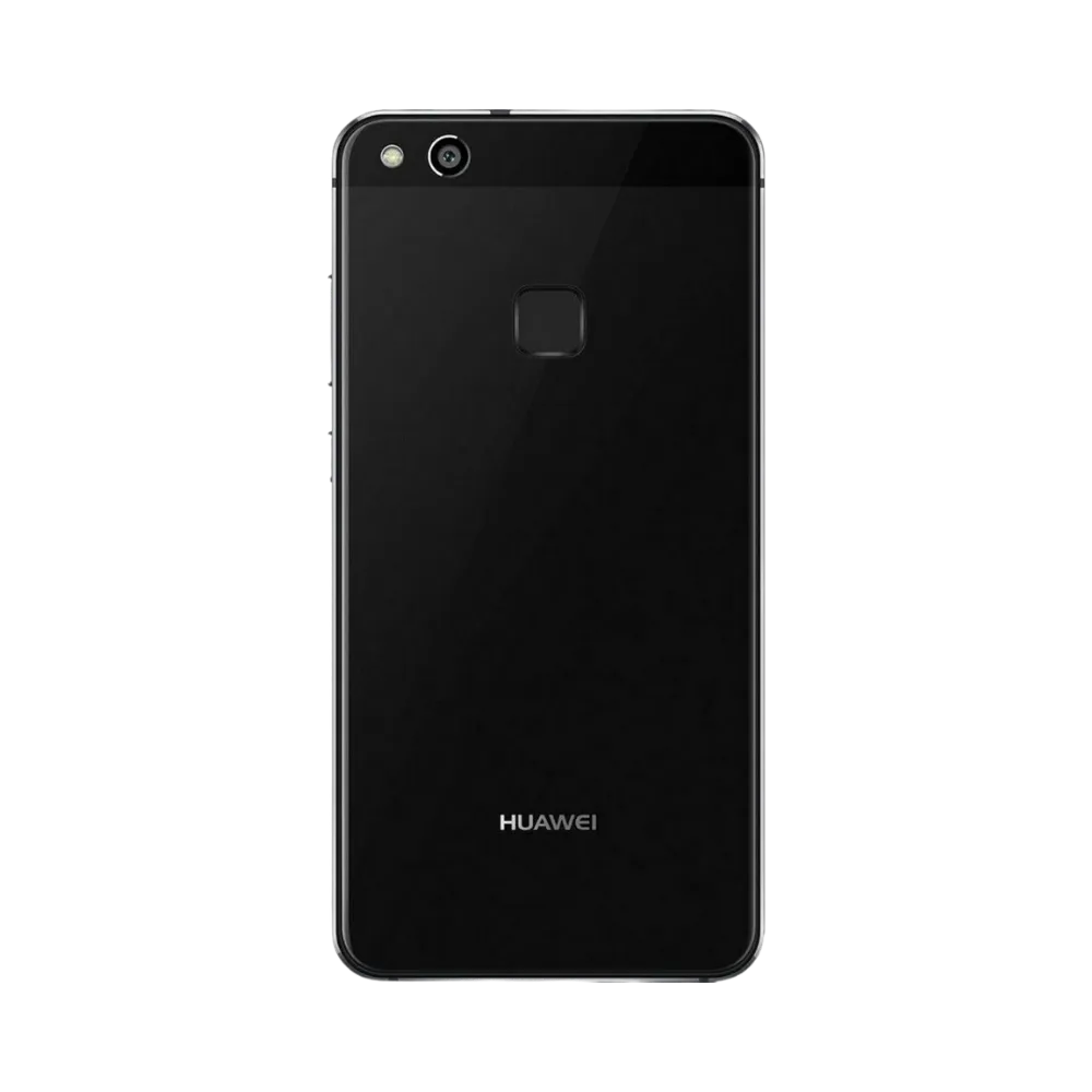 Smartphone Huawei P10 Lite en vue arrière noire, capteur photo simple en haut à gauche et lecteur d’empreintes centré. Photo iTelier Lyon pour réparation vitre arrière, batterie et diagnostic gratuit avec garantie.