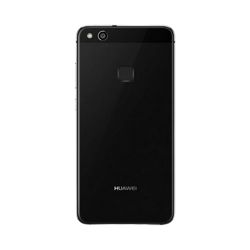 Smartphone Huawei P10 Lite en vue arrière noire, capteur photo simple en haut à gauche et lecteur d’empreintes centré. Photo iTelier Lyon pour réparation vitre arrière, batterie et diagnostic gratuit avec garantie.