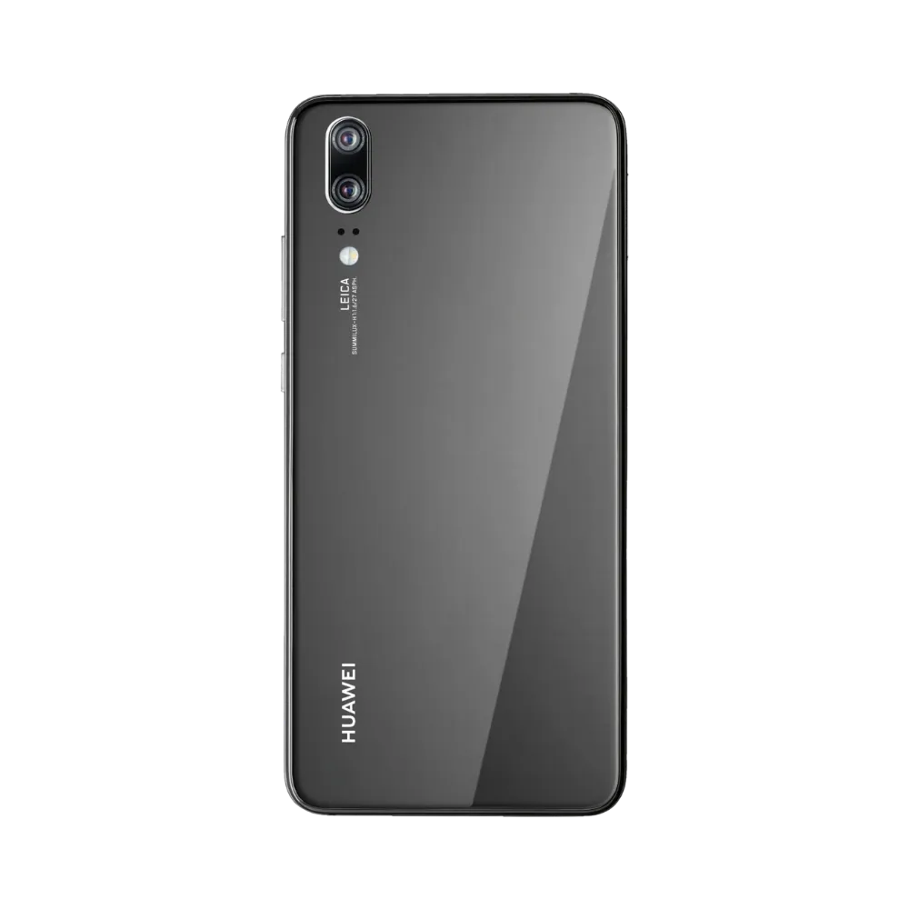 Smartphone Huawei P20 en vue arrière couleur noire, double module photo vertical en haut à gauche. Photo iTelier Lyon pour réparation vitre arrière, batterie et diagnostic gratuit avec garantie.
