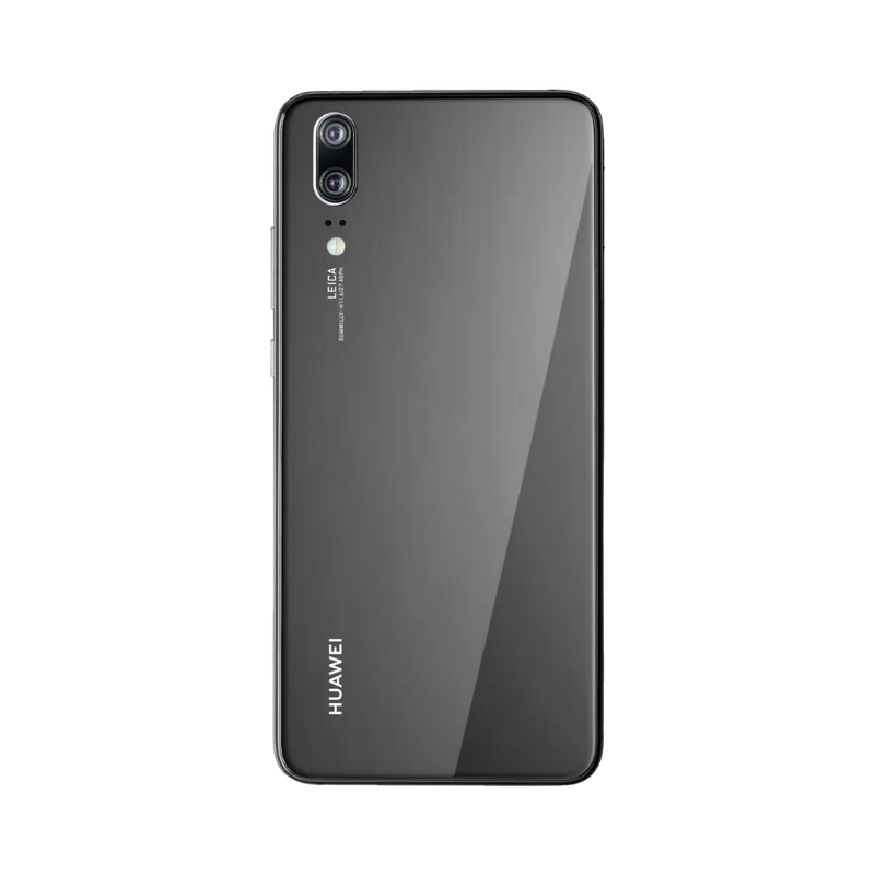 Smartphone Huawei P20 en vue arrière couleur noire, double module photo vertical en haut à gauche. Photo iTelier Lyon pour réparation vitre arrière, batterie et diagnostic gratuit avec garantie.