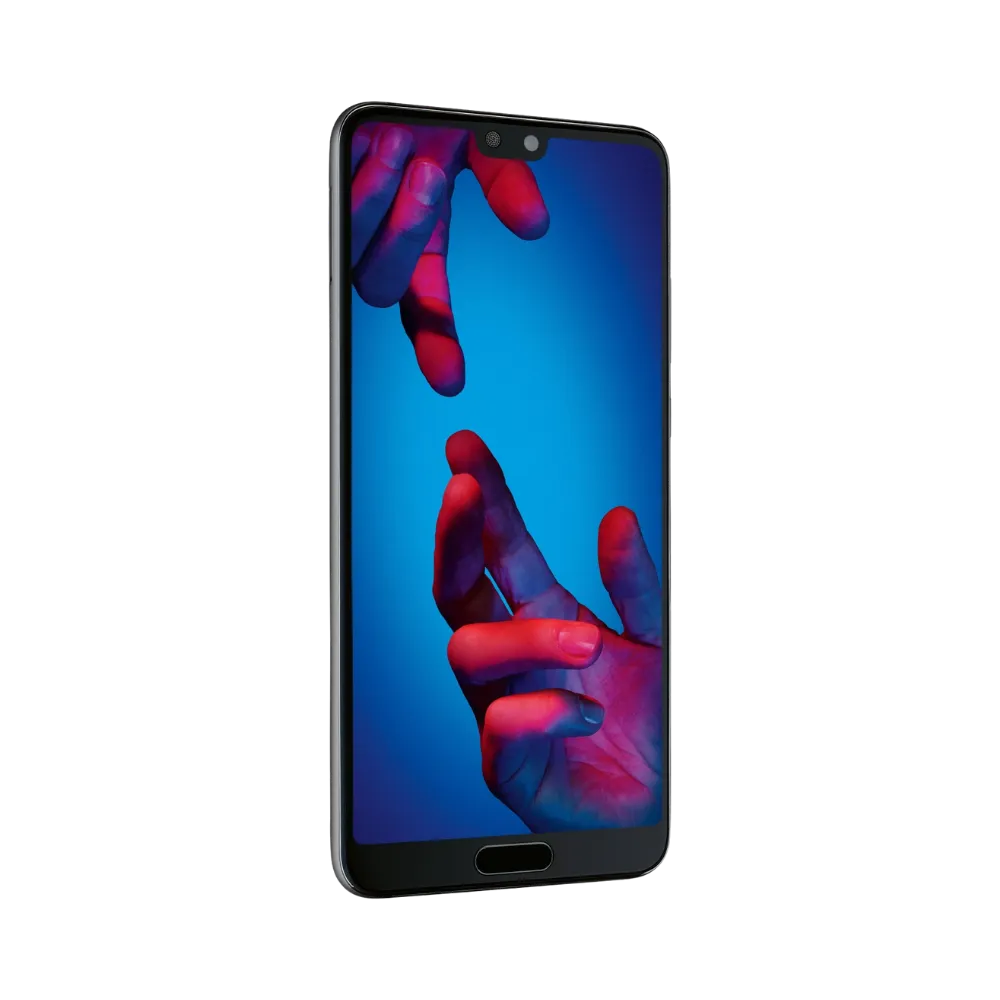 Huawei P20 affiché en vue frontale avec écran allumé montrant fond bleu et rouge vif. Illustration iTelier Lyon pour réparation écran cassé, vitre tactile, diagnostic offert et service rapide garanti.