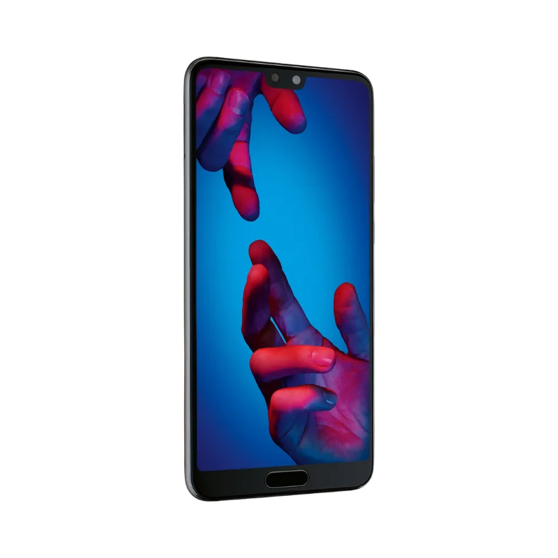 Huawei P20 affiché en vue frontale avec écran allumé montrant fond bleu et rouge vif. Illustration iTelier Lyon pour réparation écran cassé, vitre tactile, diagnostic offert et service rapide garanti.