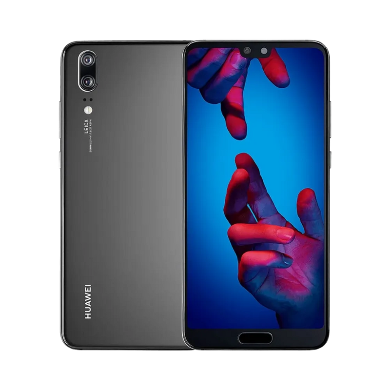 Photo Huawei P20 en vue avant avec écran allumé et arrière noir visible, angle trois quarts. Image optimisée iTelier Lyon pour réparation écran LCD, batterie, diagnostic gratuit et pièces garanties.