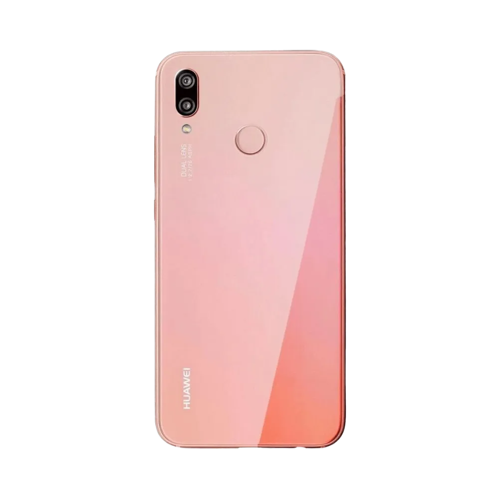 Smartphone Huawei P20 Lite en vue arrière couleur rose, double module photo vertical et capteur d’empreintes au centre. Photo iTelier Lyon pour réparation vitre arrière, batterie et diagnostic gratuit avec garantie.