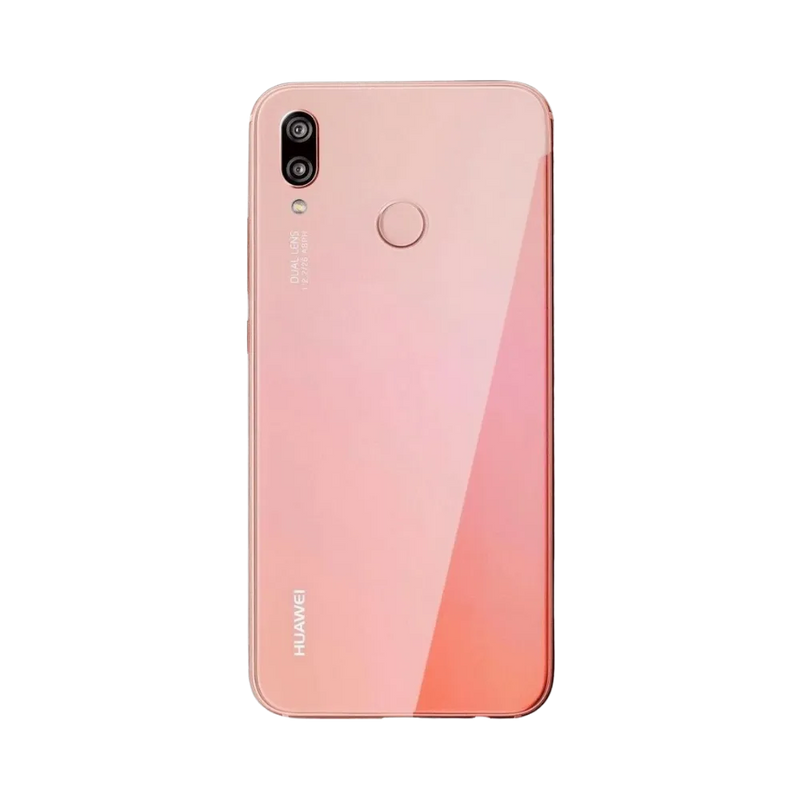Smartphone Huawei P20 Lite en vue arrière couleur rose, double module photo vertical et capteur d’empreintes au centre. Photo iTelier Lyon pour réparation vitre arrière, batterie et diagnostic gratuit avec garantie.