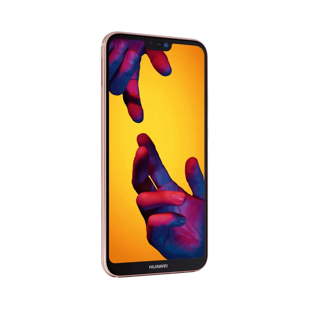 Huawei P20 Lite affiché en vue frontale avec écran allumé montrant fond jaune orangé et violet. Illustration iTelier Lyon pour réparation écran cassé, vitre tactile, diagnostic offert et service rapide garanti.