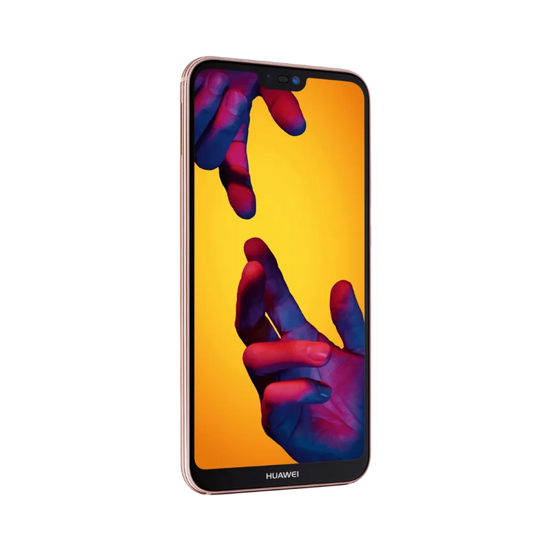 Huawei P20 Lite affiché en vue frontale avec écran allumé montrant fond jaune orangé et violet. Illustration iTelier Lyon pour réparation écran cassé, vitre tactile, diagnostic offert et service rapide garanti.