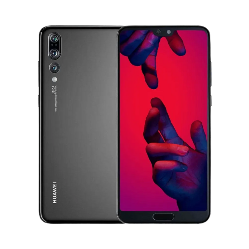 Photo Huawei P20 Pro en vue avant avec écran allumé et arrière noir visible, angle trois quarts. Image optimisée iTelier Lyon pour réparation écran OLED, batterie, diagnostic gratuit et pièces garanties.