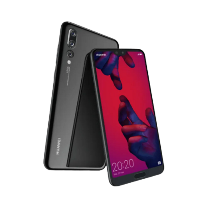 Huawei P20 Pro montré en vue inclinée noir, posé légèrement de biais laissant voir l’écran et le dos. Photo optimisée iTelier Lyon pour réparation écran, batterie, vitre arrière et diagnostic gratuit.
