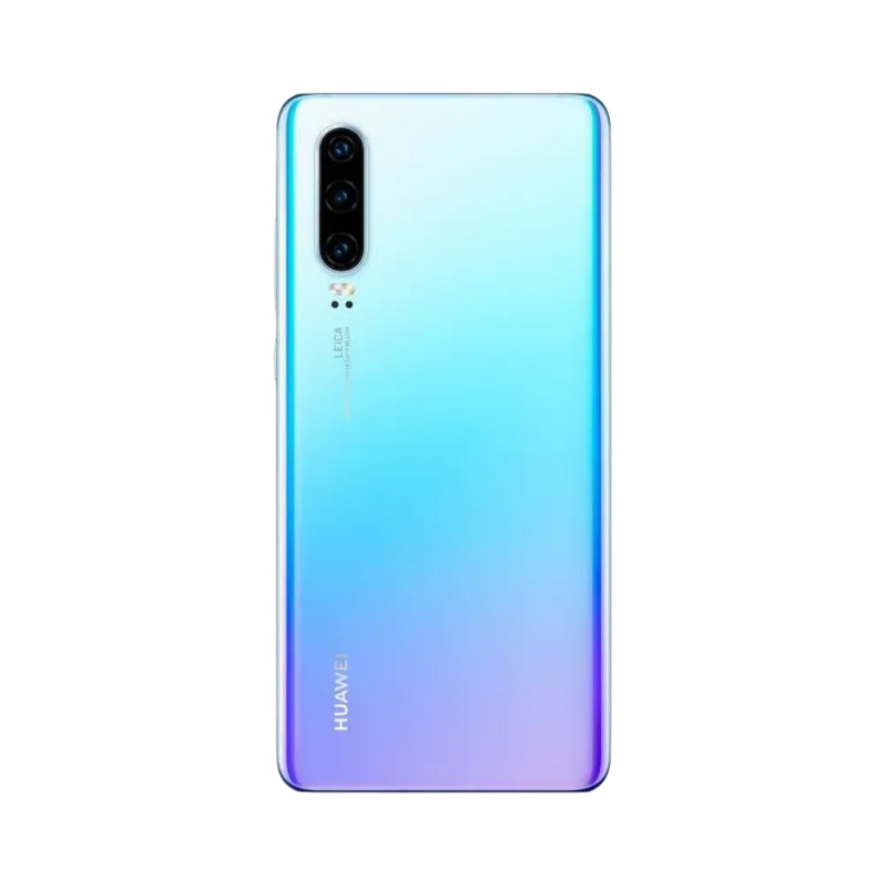 Smartphone Huawei P30 en vue arrière dégradé bleu-violet, triple module photo vertical en haut à gauche. Photo iTelier Lyon pour réparation vitre arrière, batterie et diagnostic gratuit avec garantie.