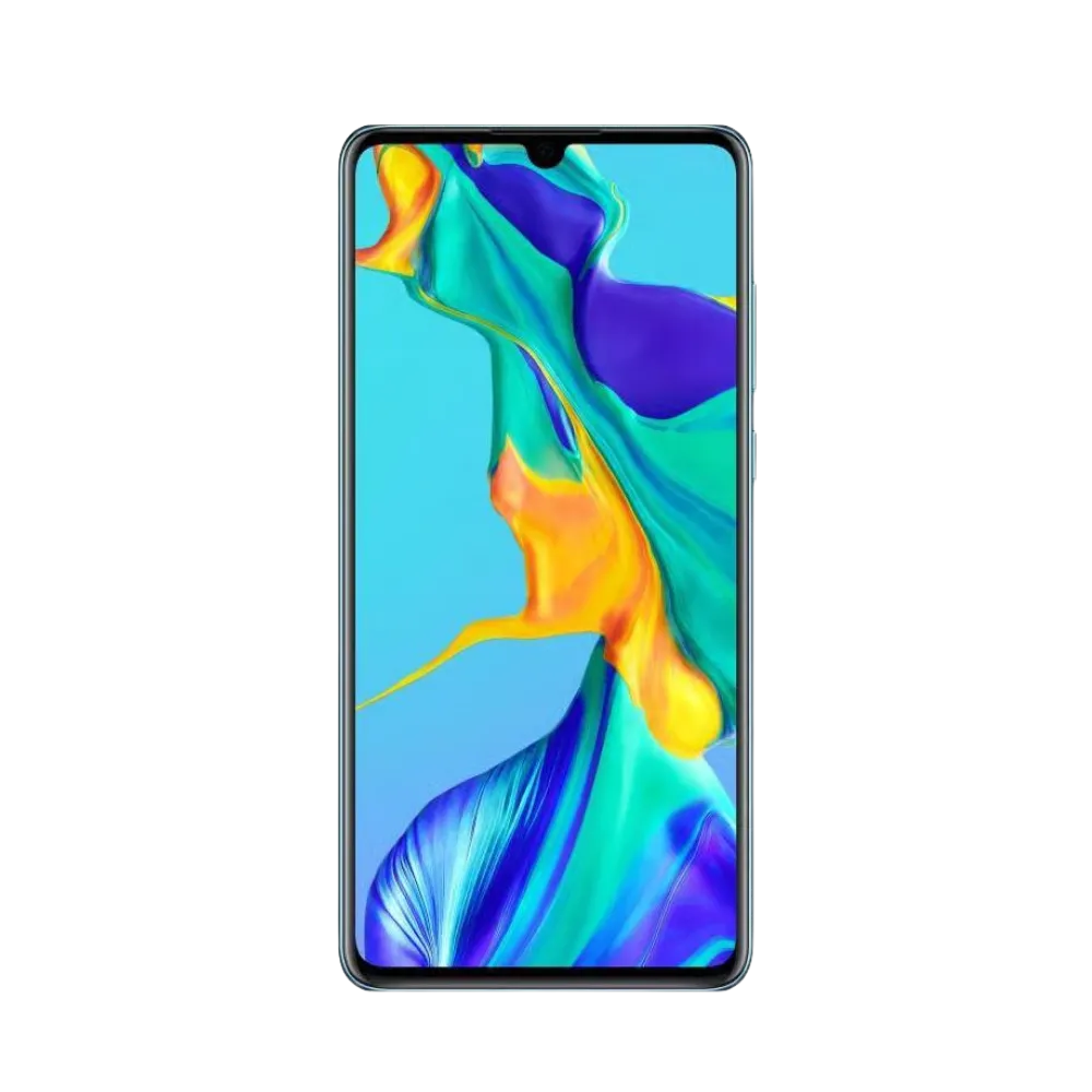 Huawei P30 affiché en vue frontale avec écran allumé montrant interface Android colorée. Illustration iTelier Lyon pour réparation écran cassé, vitre tactile, diagnostic offert et service rapide garanti.