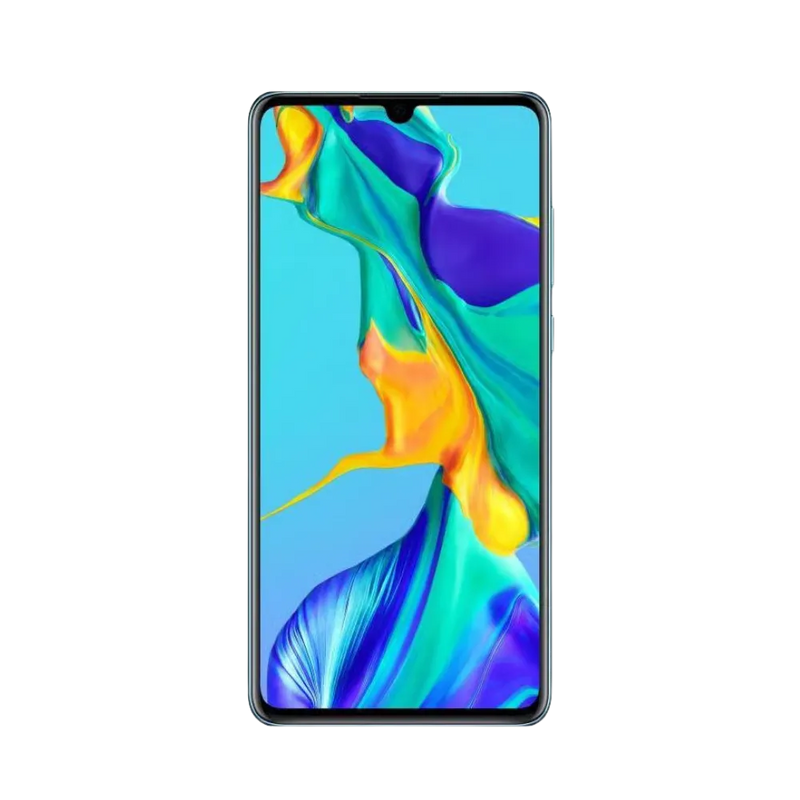 Huawei P30 affiché en vue frontale avec écran allumé montrant interface Android colorée. Illustration iTelier Lyon pour réparation écran cassé, vitre tactile, diagnostic offert et service rapide garanti.