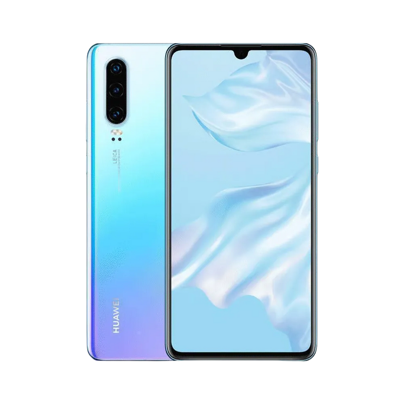 Photo Huawei P30 en vue avant avec écran allumé et arrière dégradé bleu-violet visible, angle trois quarts. Image optimisée iTelier Lyon pour réparation écran OLED, batterie, diagnostic gratuit et pièces garanties.