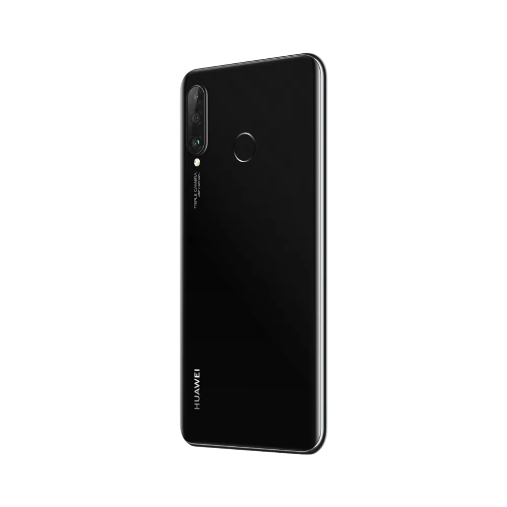 Huawei P30 Lite présenté en vue arrière biaisée noire, module photo vertical et capteur d’empreintes bien visibles. Image optimisée iTelier Lyon pour réparation appareil photo, vitre arrière et diagnostic gratuit.