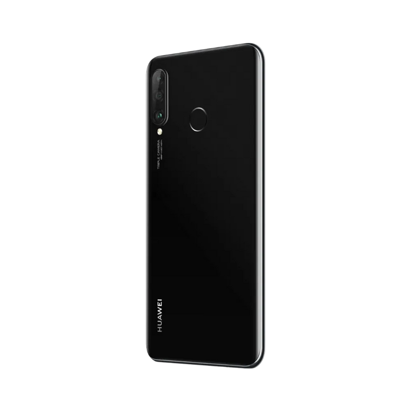 Huawei P30 Lite présenté en vue arrière biaisée noire, module photo vertical et capteur d’empreintes bien visibles. Image optimisée iTelier Lyon pour réparation appareil photo, vitre arrière et diagnostic gratuit.