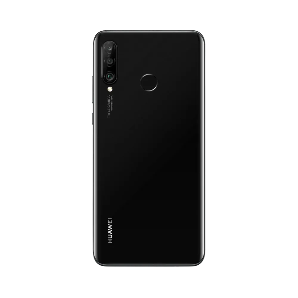 Smartphone Huawei P30 Lite en vue arrière couleur noire, triple module photo vertical en haut à gauche et capteur d’empreintes centré. Photo iTelier Lyon pour réparation vitre arrière, batterie et diagnostic gratuit avec garantie.