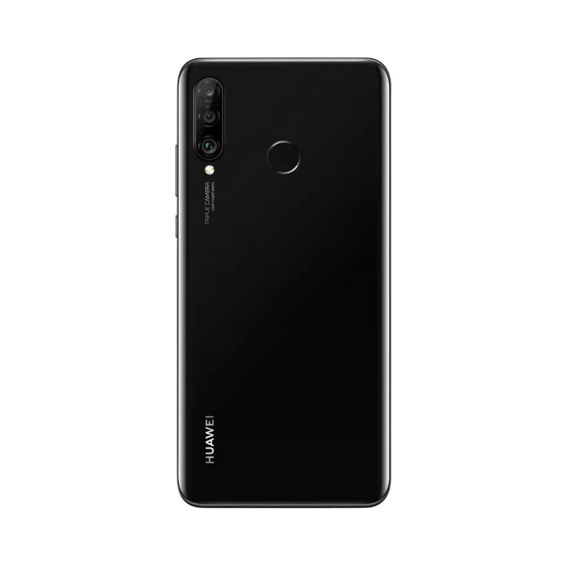 Smartphone Huawei P30 Lite en vue arrière couleur noire, triple module photo vertical en haut à gauche et capteur d’empreintes centré. Photo iTelier Lyon pour réparation vitre arrière, batterie et diagnostic gratuit avec garantie.