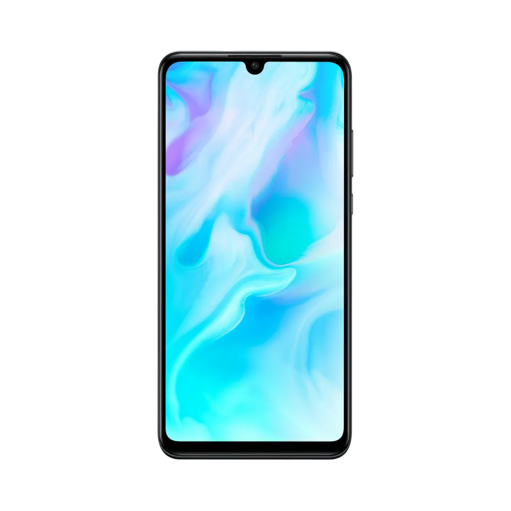 Huawei P30 Lite affiché en vue frontale avec écran allumé montrant un fond bleu et violet dégradé. Illustration iTelier Lyon pour réparation écran cassé, vitre tactile, diagnostic offert et service rapide garanti.