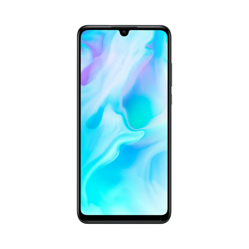 Huawei P30 Lite affiché en vue frontale avec écran allumé montrant un fond bleu et violet dégradé. Illustration iTelier Lyon pour réparation écran cassé, vitre tactile, diagnostic offert et service rapide garanti.