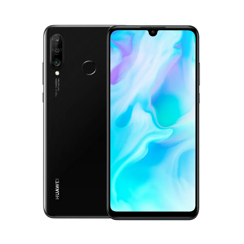 Photo Huawei P30 Lite en vue avant avec écran allumé et arrière noir visible, angle trois quarts. Image optimisée iTelier Lyon pour réparation écran LCD, batterie, diagnostic gratuit et pièces garanties.