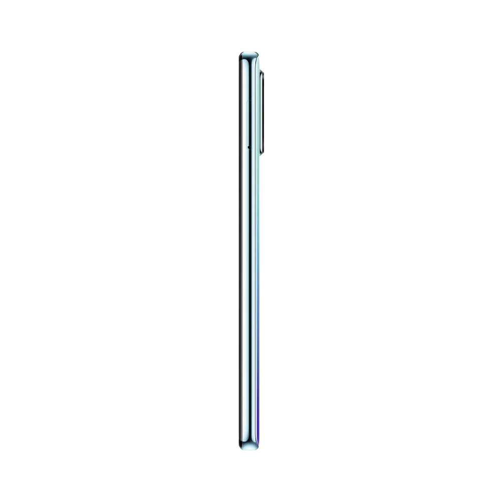 Huawei P30 présenté de profil dégradé bleu-violet, finesse du châssis et boutons latéraux visibles. Image optimisée iTelier Lyon pour réparation boutons, connecteur et diagnostic gratuit.