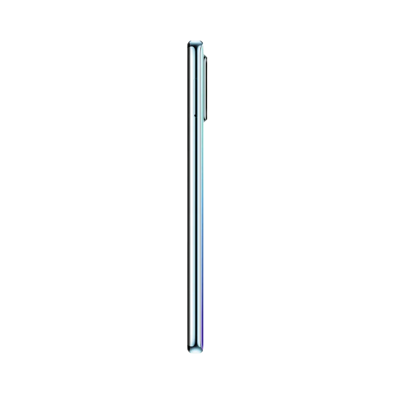 Huawei P30 présenté de profil dégradé bleu-violet, finesse du châssis et boutons latéraux visibles. Image optimisée iTelier Lyon pour réparation boutons, connecteur et diagnostic gratuit.