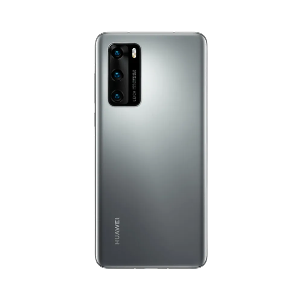Smartphone Huawei P40 en vue arrière couleur argentée, module photo rectangulaire vertical en haut à gauche. Photo iTelier Lyon pour réparation vitre arrière, batterie et diagnostic gratuit avec garantie.