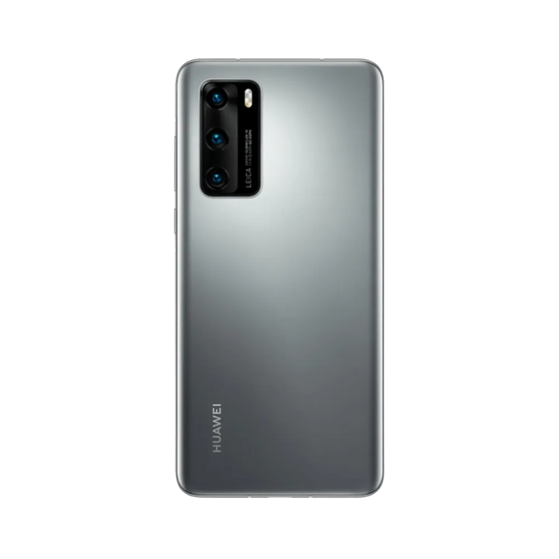 Smartphone Huawei P40 en vue arrière couleur argentée, module photo rectangulaire vertical en haut à gauche. Photo iTelier Lyon pour réparation vitre arrière, batterie et diagnostic gratuit avec garantie.