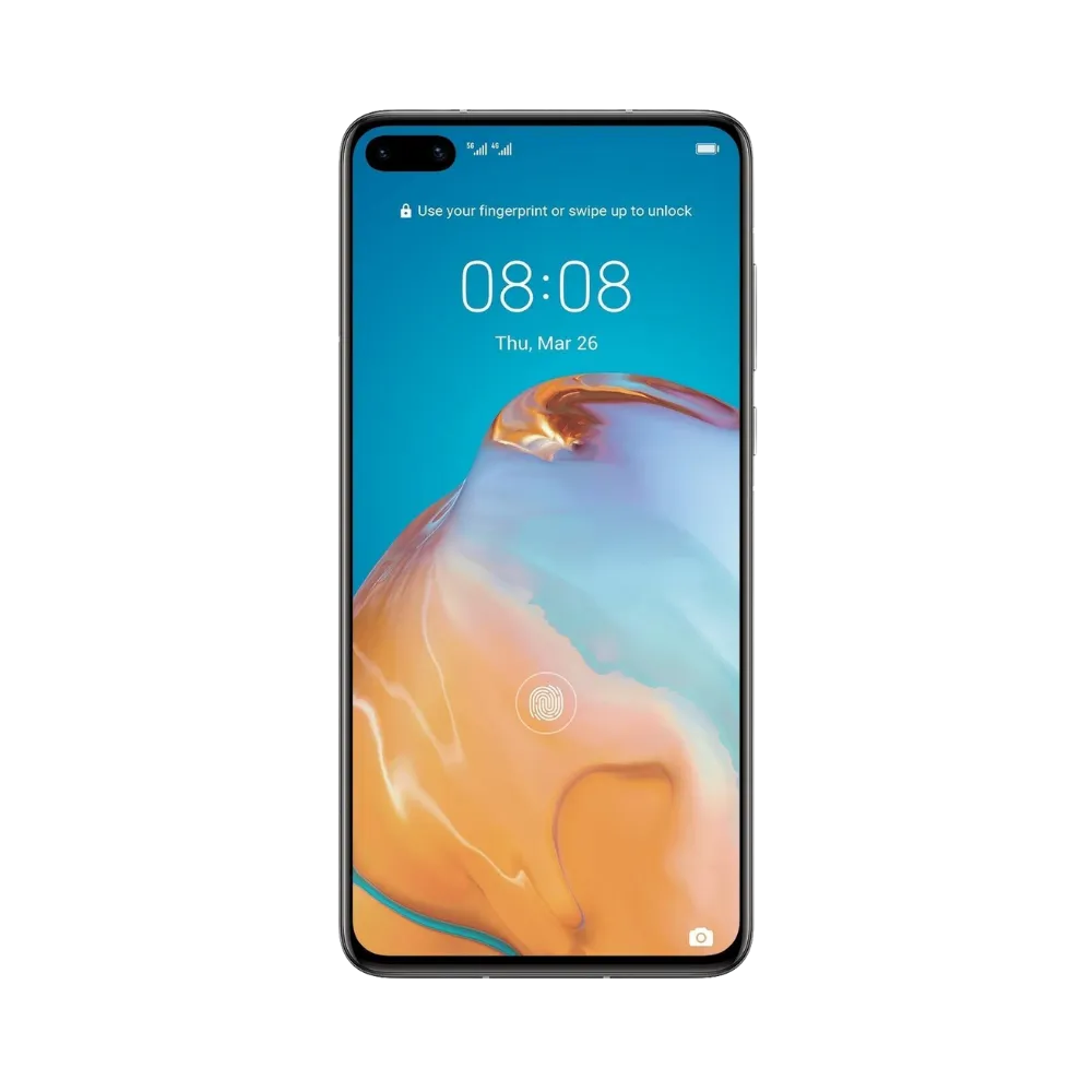 Huawei P40 affiché en vue frontale avec écran allumé sur fond coloré bleu et orange dégradé. Illustration iTelier Lyon pour réparation écran cassé, vitre tactile, diagnostic offert et service rapide garanti.
