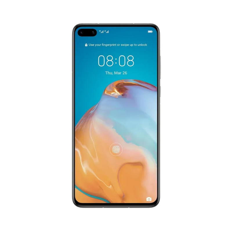 Huawei P40 affiché en vue frontale avec écran allumé sur fond coloré bleu et orange dégradé. Illustration iTelier Lyon pour réparation écran cassé, vitre tactile, diagnostic offert et service rapide garanti.