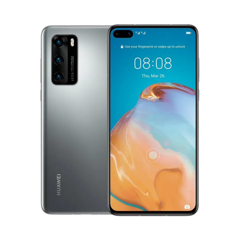 Photo Huawei P40 en vue avant avec écran allumé et arrière argenté visible, angle trois quarts. Image optimisée iTelier Lyon pour réparation écran OLED, batterie, diagnostic gratuit et pièces garanties.