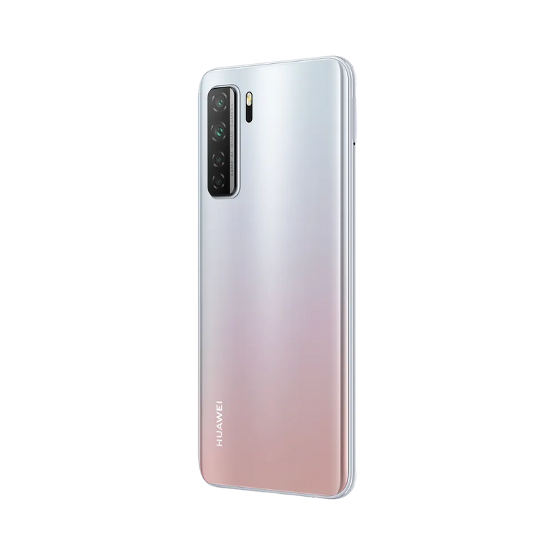 Huawei P40 Lite 5G présenté en vue arrière biaisée argent rosé, module photo vertical bien visible. Image optimisée iTelier Lyon pour réparation appareil photo, vitre arrière et diagnostic gratuit.