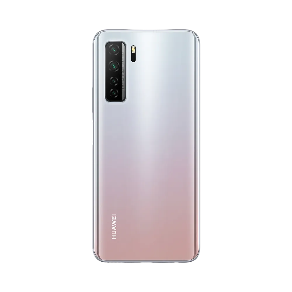 Smartphone Huawei P40 Lite 5G en vue arrière couleur argent rosé, module photo rectangulaire vertical en haut à gauche. Photo iTelier Lyon pour réparation vitre arrière, batterie et diagnostic gratuit avec garantie.