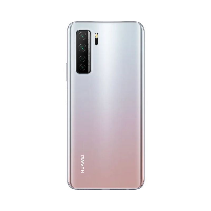 Smartphone Huawei P40 Lite 5G en vue arrière couleur argent rosé, module photo rectangulaire vertical en haut à gauche. Photo iTelier Lyon pour réparation vitre arrière, batterie et diagnostic gratuit avec garantie.