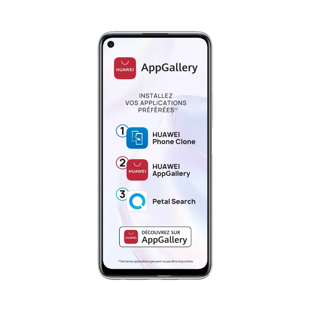 Huawei P40 Lite 5G affiché en vue frontale avec écran allumé montrant interface AppGallery et applications. Illustration iTelier Lyon pour réparation écran cassé, vitre tactile, diagnostic offert et service rapide garanti.