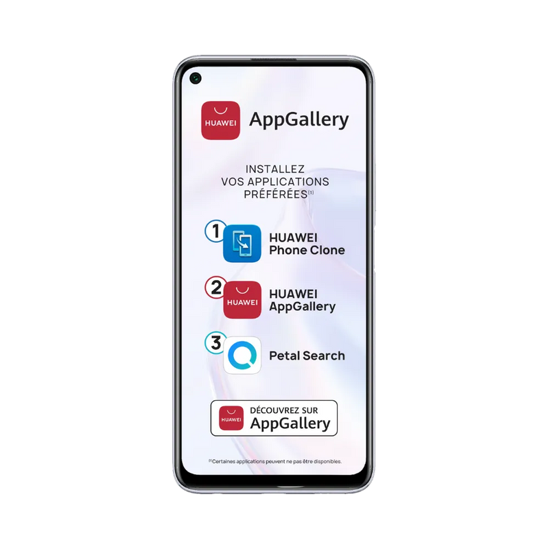 Huawei P40 Lite 5G affiché en vue frontale avec écran allumé montrant interface AppGallery et applications. Illustration iTelier Lyon pour réparation écran cassé, vitre tactile, diagnostic offert et service rapide garanti.
