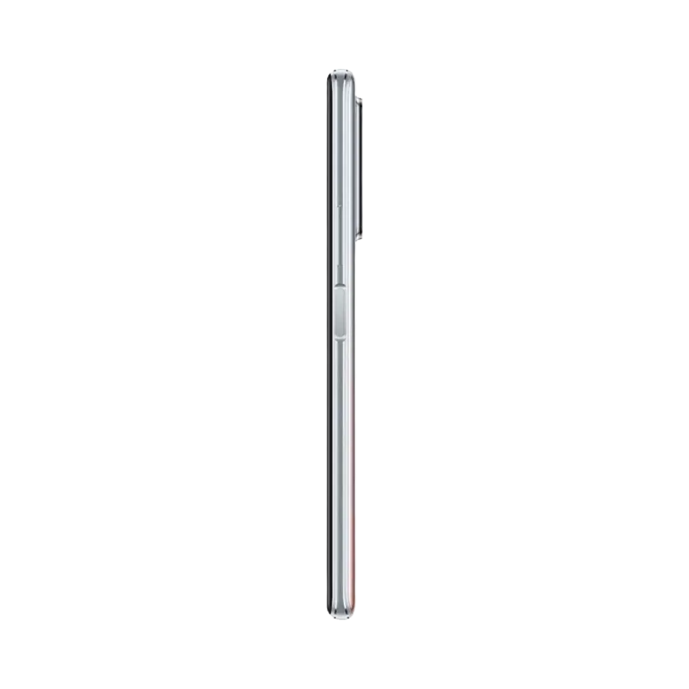 Huawei P40 Lite 5G montré de profil argent rosé, finesse du châssis et boutons latéraux visibles. Photo optimisée iTelier Lyon pour réparation boutons, connecteur et diagnostic gratuit.