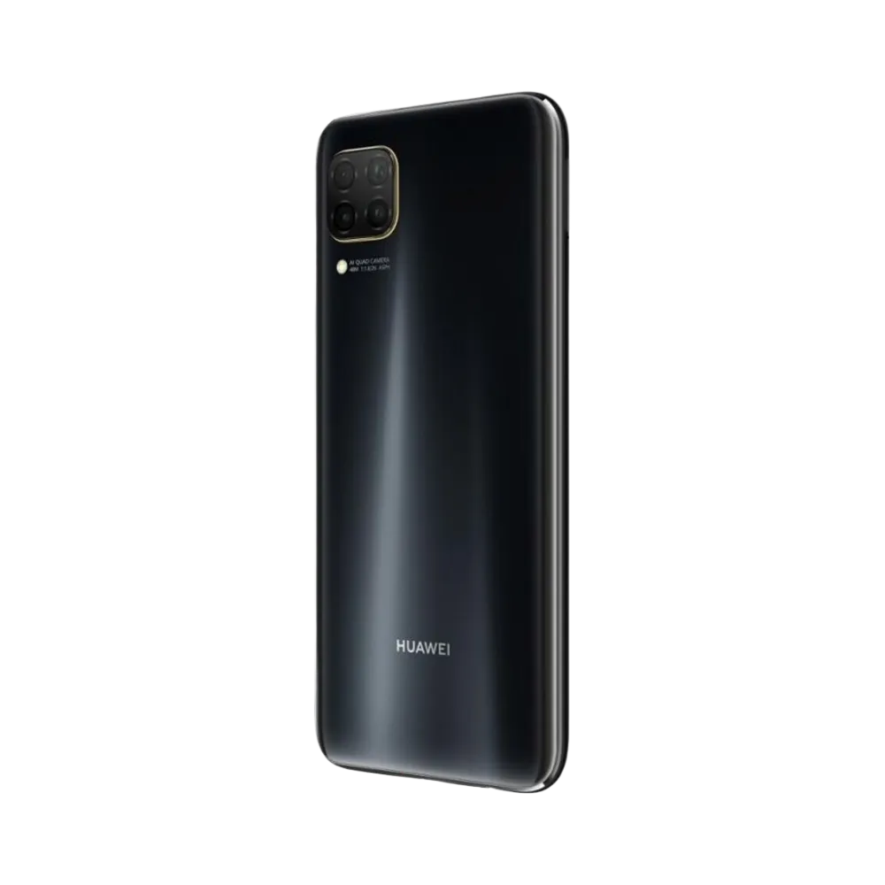 Huawei P40 Lite présenté en vue arrière biaisée noire, module photo carré proéminent bien visible. Image optimisée iTelier Lyon pour réparation appareil photo, vitre arrière et diagnostic gratuit.