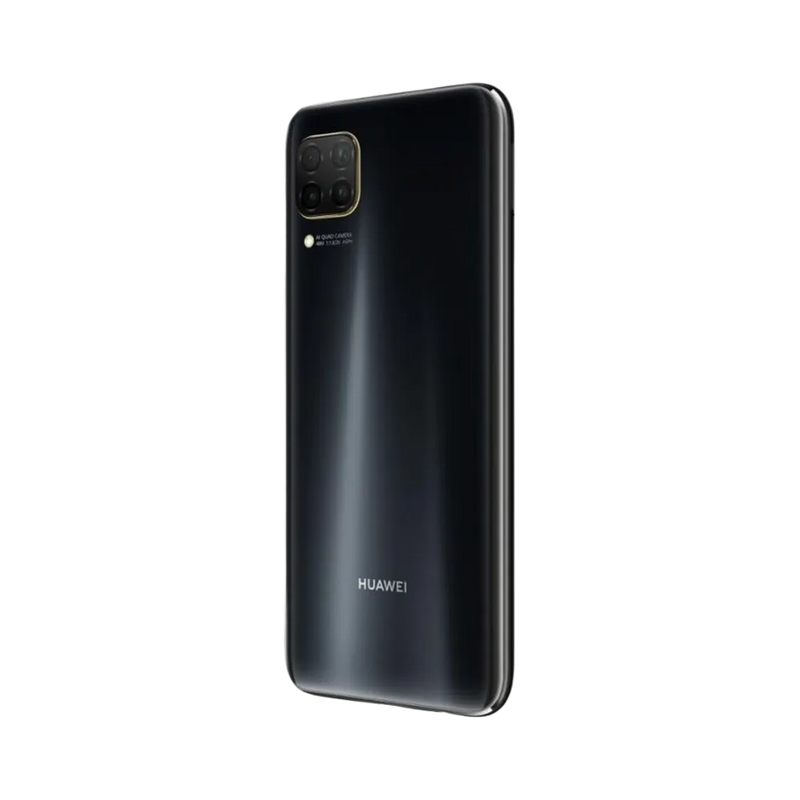 Huawei P40 Lite présenté en vue arrière biaisée noire, module photo carré proéminent bien visible. Image optimisée iTelier Lyon pour réparation appareil photo, vitre arrière et diagnostic gratuit.