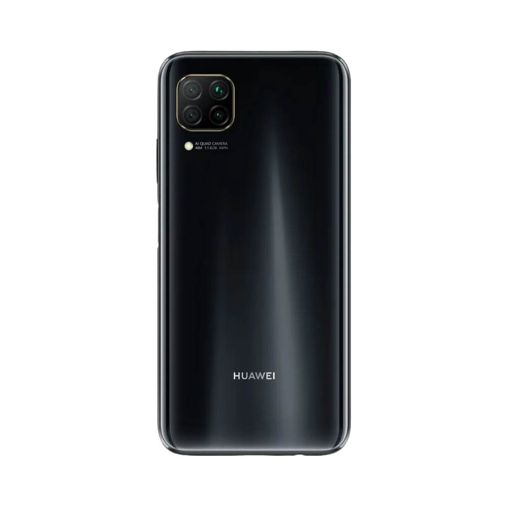 Smartphone Huawei P40 Lite en vue arrière couleur noire, module photo carré en haut à gauche. Photo iTelier Lyon pour réparation vitre arrière, batterie et diagnostic gratuit avec garantie.
