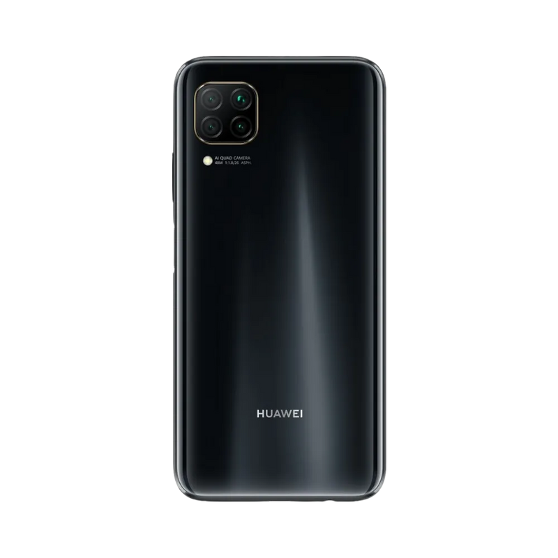 Smartphone Huawei P40 Lite en vue arrière couleur noire, module photo carré en haut à gauche. Photo iTelier Lyon pour réparation vitre arrière, batterie et diagnostic gratuit avec garantie.