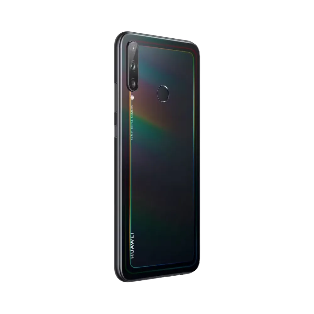 Huawei P40 Lite E présenté en vue arrière biaisée noire avec reflets lumineux, module photo vertical visible. Image optimisée iTelier Lyon pour réparation appareil photo, vitre arrière et diagnostic gratuit.