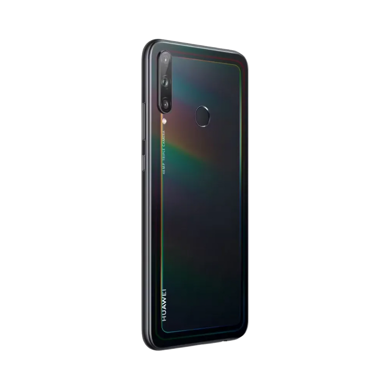 Huawei P40 Lite E présenté en vue arrière biaisée noire avec reflets lumineux, module photo vertical visible. Image optimisée iTelier Lyon pour réparation appareil photo, vitre arrière et diagnostic gratuit.