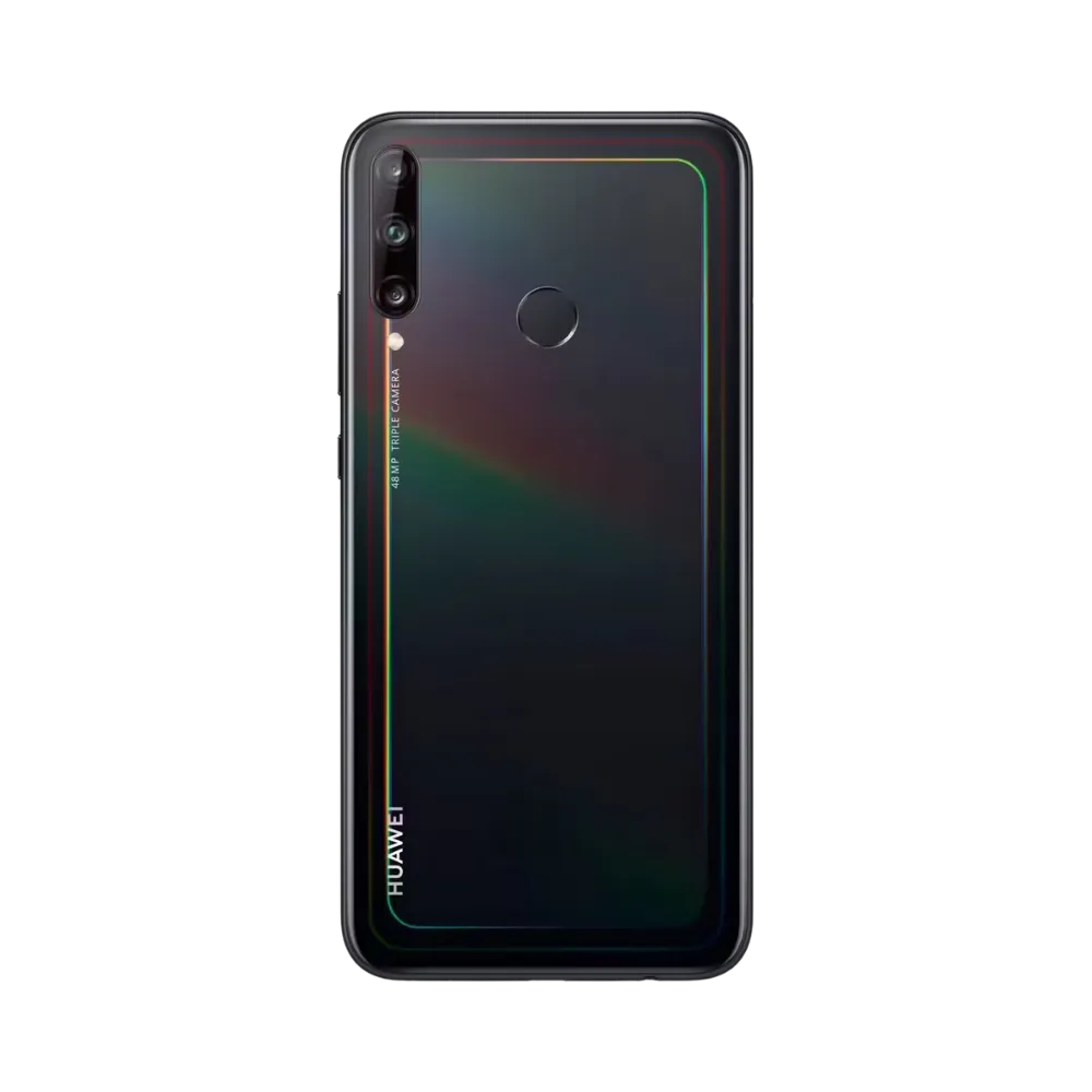 Smartphone Huawei P40 Lite E en vue arrière couleur noire, triple module photo vertical à gauche et capteur d’empreintes centré. Photo iTelier Lyon pour réparation vitre arrière, batterie et diagnostic gratuit avec garantie.