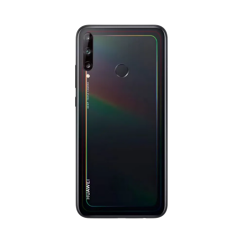 Smartphone Huawei P40 Lite E en vue arrière couleur noire, triple module photo vertical à gauche et capteur d’empreintes centré. Photo iTelier Lyon pour réparation vitre arrière, batterie et diagnostic gratuit avec garantie.