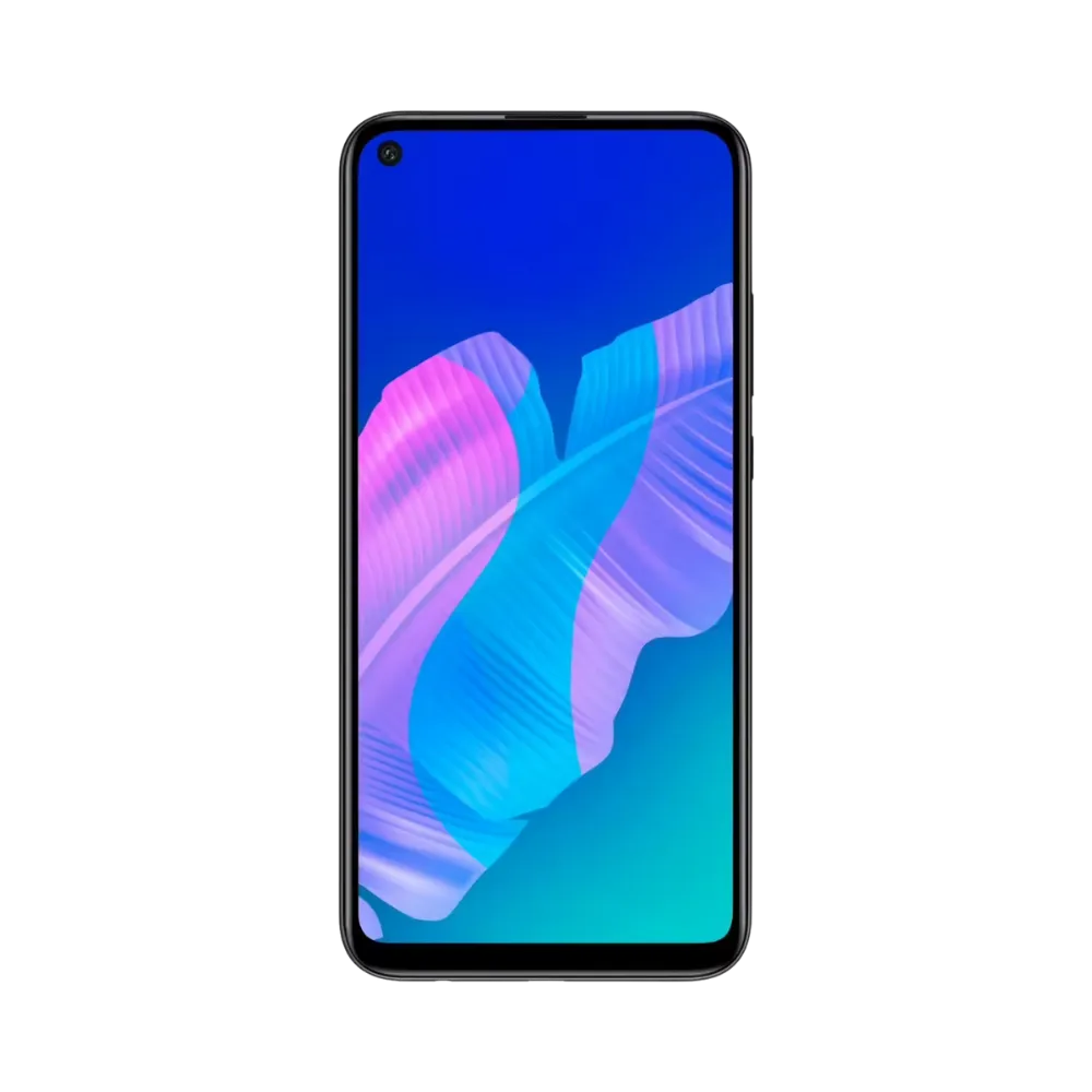 Huawei P40 Lite E affiché en vue frontale avec écran allumé montrant fond bleu et violet lumineux. Illustration iTelier Lyon pour réparation écran cassé, vitre tactile, diagnostic offert et service rapide garanti.