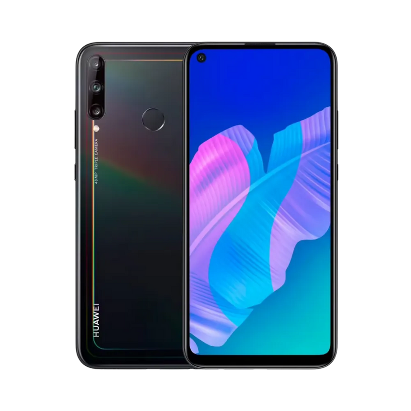 Photo Huawei P40 Lite E en vue avant avec écran allumé et arrière noir visible, angle trois quarts. Image optimisée iTelier Lyon pour réparation écran LCD, batterie, diagnostic gratuit et pièces garanties.